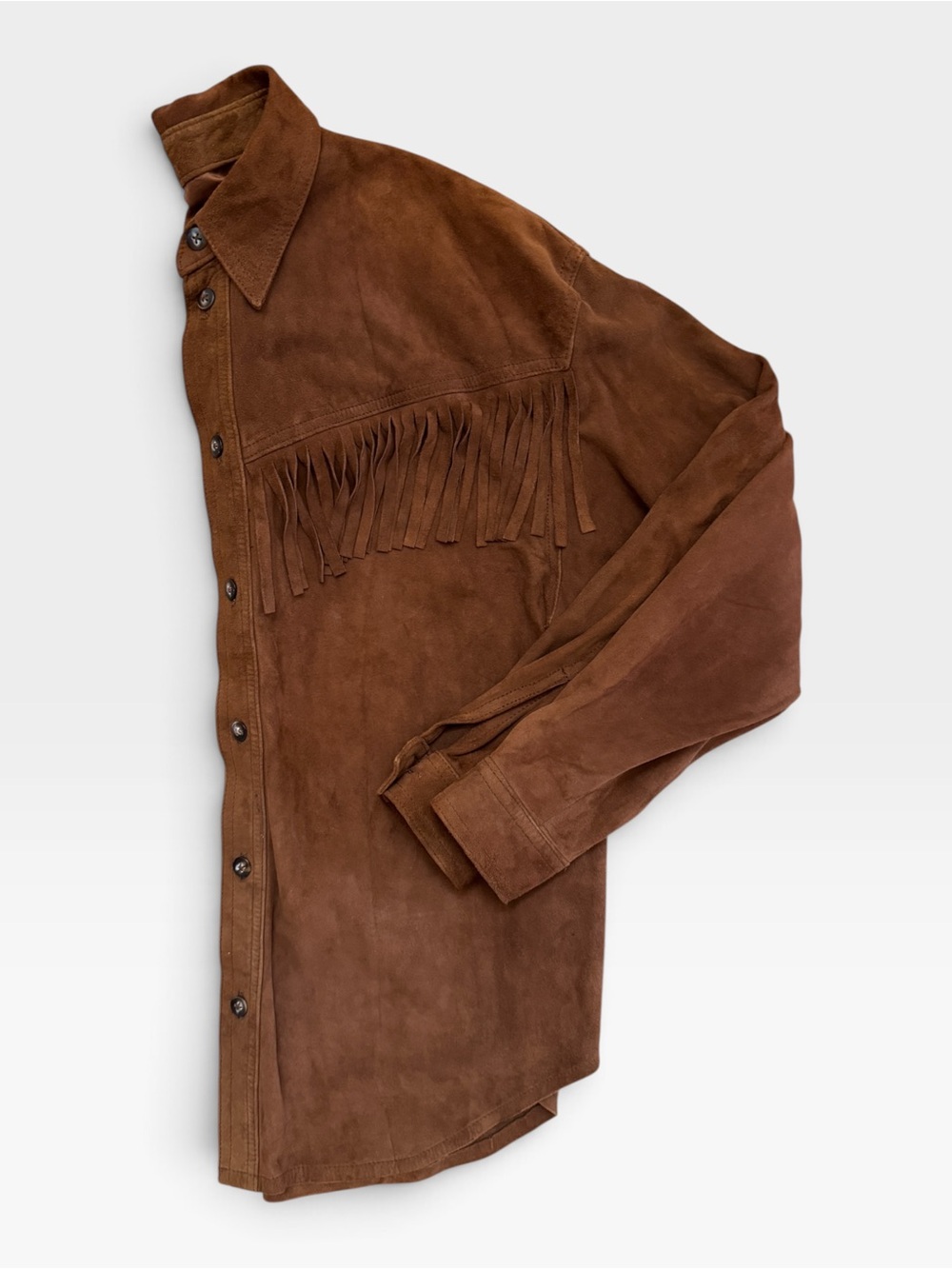 VTG Suede Liz Claiborne Lizwear Brown Fringe Western Button Up Oversized Shacket
